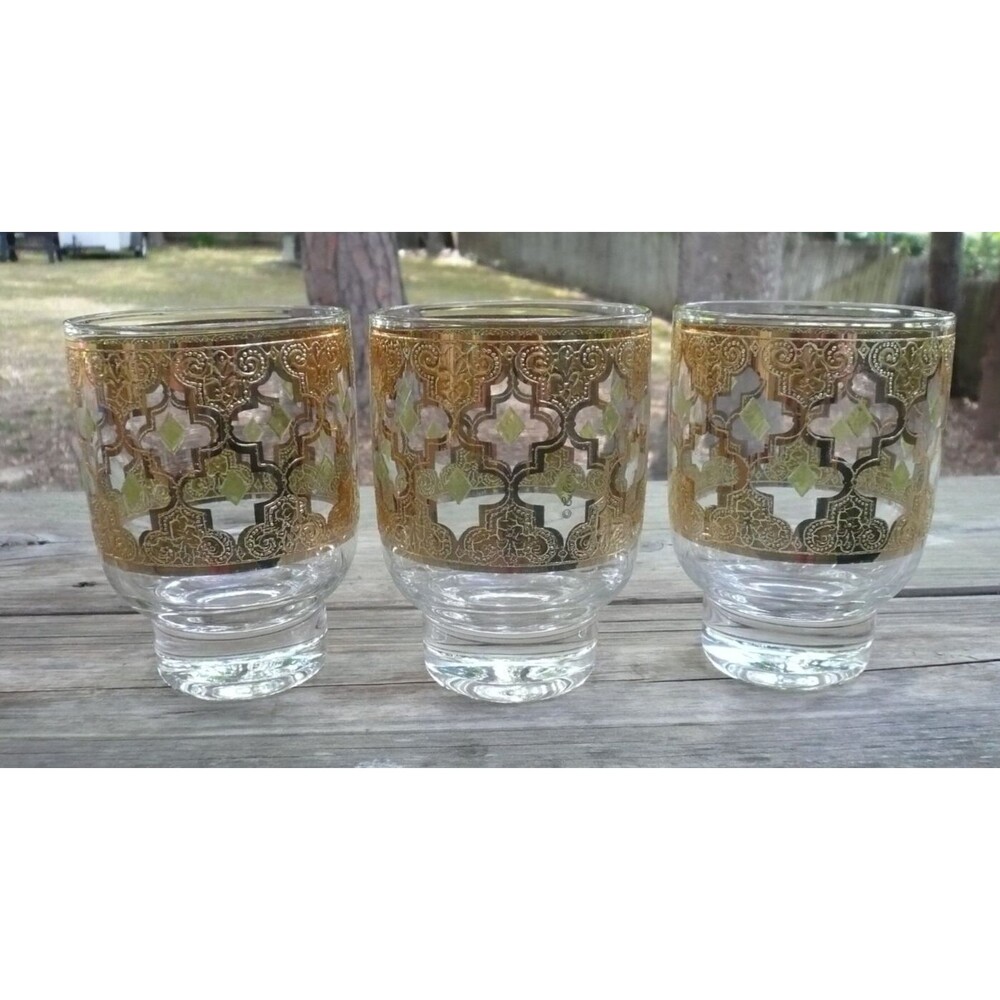 Culver Valencia 3 Footed Double Old Fashioned Glasses 22k Gold USA - Picture 5 of 5